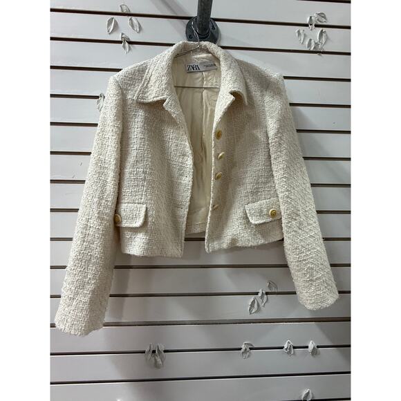 Zara Tweed Button Accent Collared Long Sleeve Cropped Blazer Jacket Ecrue Size M - Picture 4 of 7